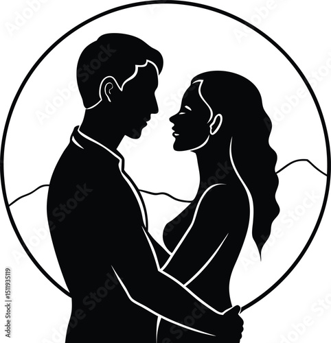silhouette of a man and woman couple standing close, romantic pose at sunset, soft background glow and emotional connection, perfect for love and relationship themes

