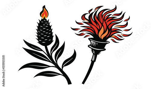 Flaming torch and plant with fire design elements