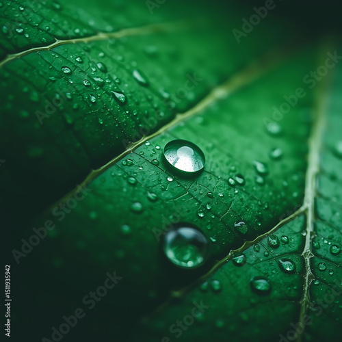 Fresh Leaf Surface – Macro Shot of Water Droplets on Leaf Veins, High Contrast Nature Texture