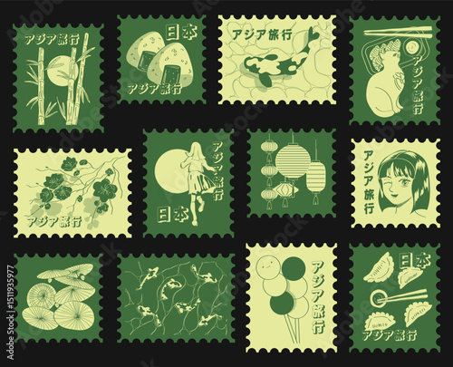 Asian postcard stamp sticker pack, oriental trendy vector illustration. Lantern, anime girl, asian food, bamboo, cat, koi fish.