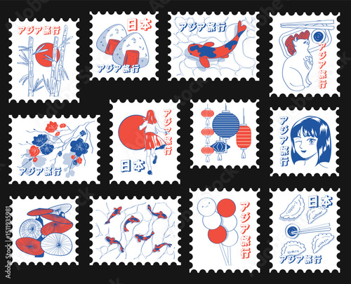 Asian postcard stamp sticker pack, oriental trendy vector illustration. Lantern, anime girl, asian food, bamboo, cat, koi fish.