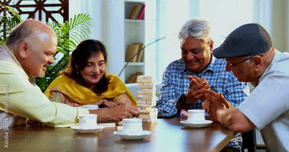 Indian senior adults playing jenga game or wooden block balancing game while seated around dining table in cozy Indian home, laughing, celebrating fun moments, bonding, enjoying friendly reunion time