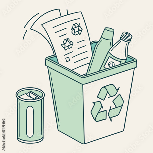 Vector art illustration of a recycling bin filled with paper bottles and cans next to a smaller can