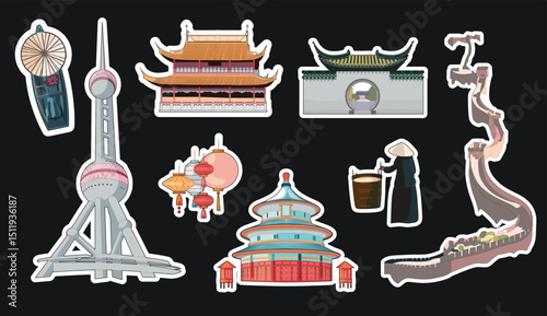 Travel China national attractions sticker set for decoration and graphic design. China building and city, destination, attraction, traditional culture. Vector illustration