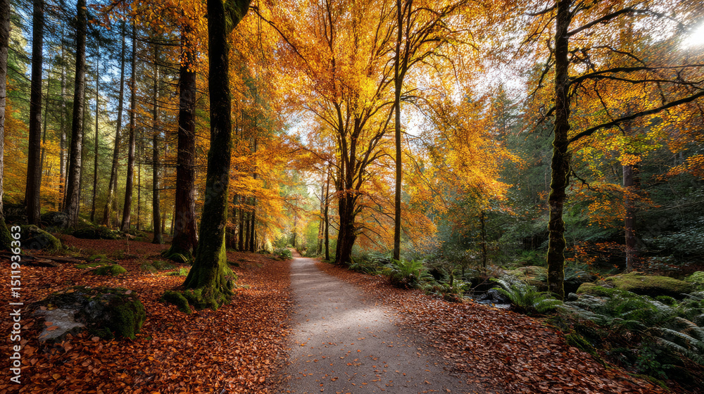Obraz premium Beautiful forest background for screensaver. with sunbeams. Calm close-up of fairytale forest and nature landscape, panorama. Summer vacation, holiday, amazing nature.