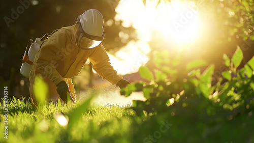 A professional worker applying pesticide to a lush green lawn in an outdoor setting