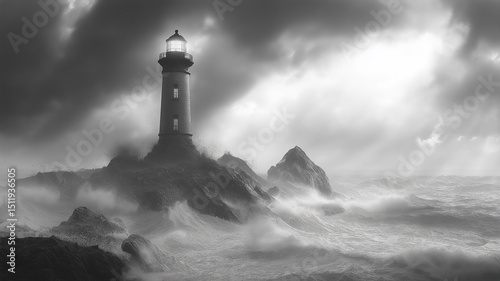 A strong lighthouse braving powerful waves along a rugged coastline