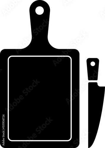 Kitchen Cutting Board with knife. Wooden Chopping Boards. Kitchen Utensils. Cutting board Tools. recipe design elements. Kitchen board contour
