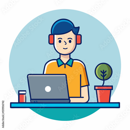 Employee working remotely icon on white background
