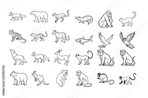 Set of wild and farm animal silhouettes including horses and other mammals
