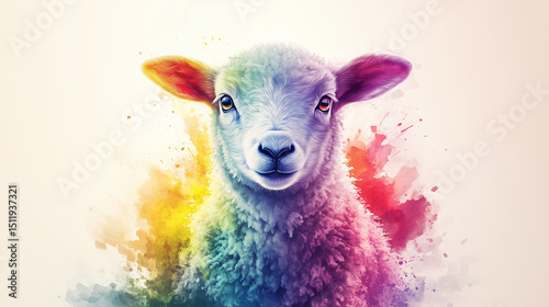 Colorful artistic lamb with vibrant paint splash effect on bright background.