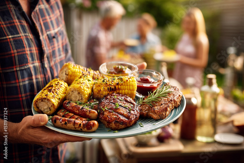 Man holding plate with barbecue, corn and sauces on summer party background photo