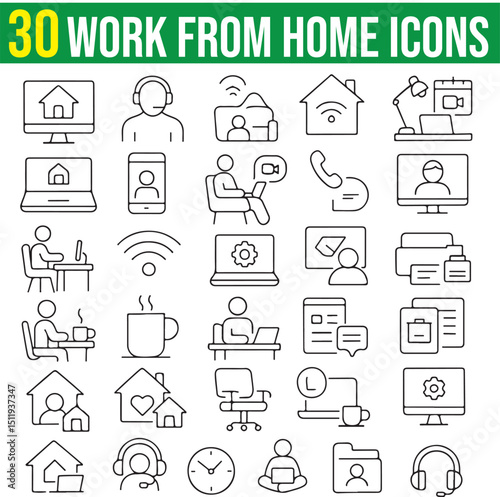 Work From Home Icons Set, Remote Work, Office, Freelancing Work, Editable Stroke