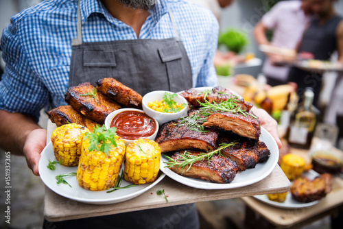 Man holding plate with barbecue, corn and sauces on summer party background photo