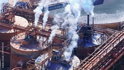 Large cylindrical tanks release steam amid dense pipelines at Barrick Gold’s industrial processing site in Cotuí, Dominican Republic photo