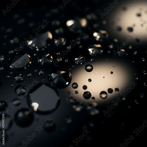 Black Glass Surface with Water Droplets – Reflective Macro Texture in Moody Lighting