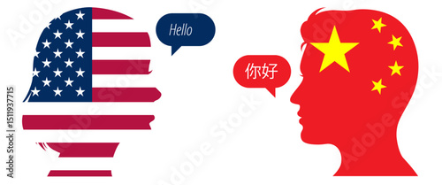 Silhouettes of people holding American USA and Chinese flags, saying Hello and 你好. Concept of international communication, language learning and cultural exchange