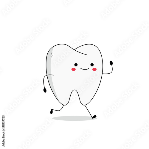Cute white tooth cartoon character running doodle