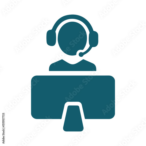 Flat vector icon of a student seated in front of a desktop computer