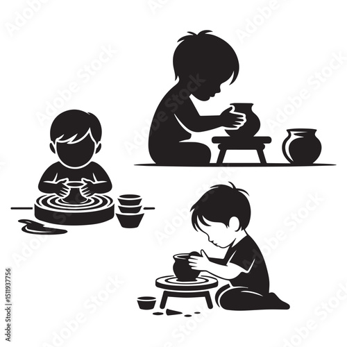 Children learning pottery wheel skills craft class