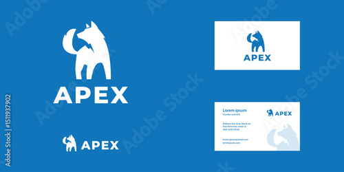 Wild wolf logo with thunder or bolt mark on his neck as negative space style. Modern and simple animal design style. Business card stationery design template.