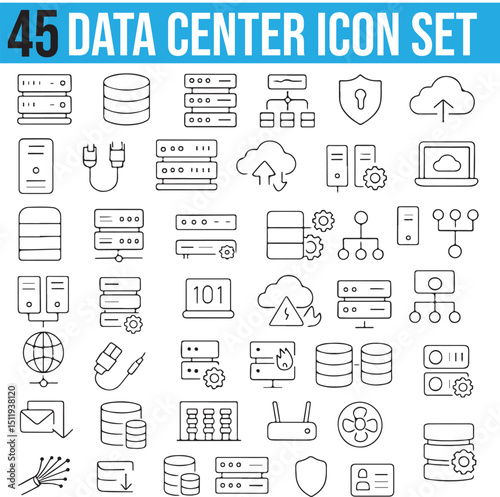 Data Center Vector Icons Set With Editable Stroke for Web and Mobile. Security, Hosting, Cloud Computing, Network, and Server Icons. Vector Illustration.
