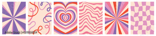 Collection of retro vector backgrounds with simple and fun patterns. Vintage aesthetic, psychedelic textures for cards, posters, covers, banners, or branding.
