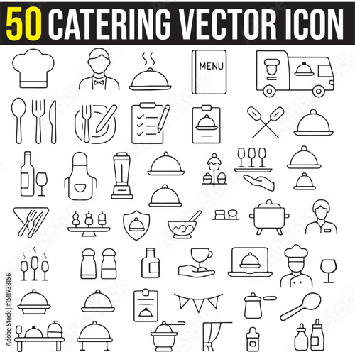 Set of Catering Vector Icons. Editable Stroke and Pixel Perfect. This Set includes: Table Setting, Spoon, Chef, Food, Soup, Coffee, Desert, and Drinks.