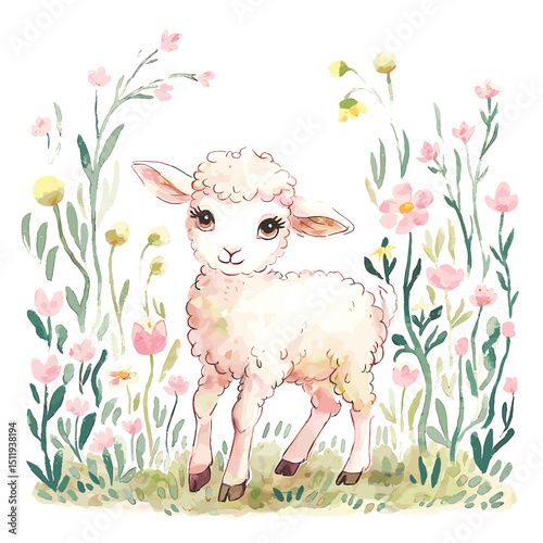 Whimsical Lamb in a Colorful Flower Meadow