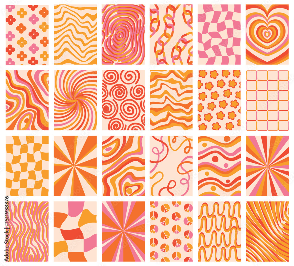 Fototapeta premium Big collection of retro vector summer backgrounds with simple and fun patterns. Vintage aesthetic, psychedelic textures for textile, posters, covers, banners, or branding.