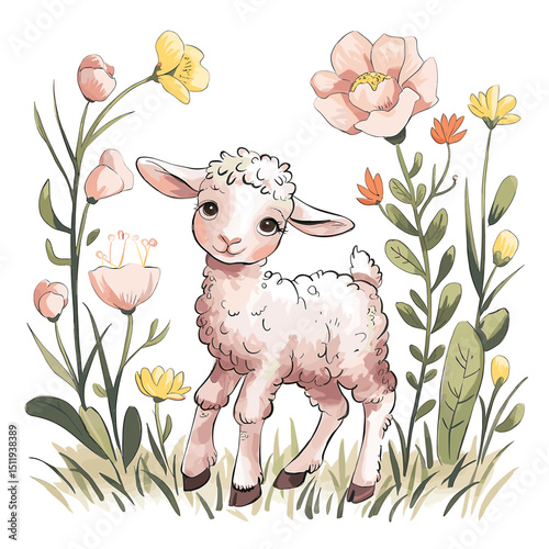 Whimsical Lamb in a Colorful Flower Meadow