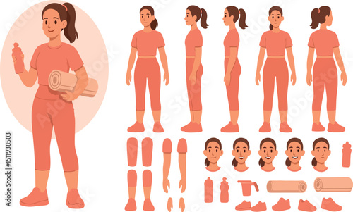 Sporty girl wearing fitness clothes holding protein shaker. Character constructor for animation. Front, side and back view set. Body parts, postures, poses collection. Vector illustrations.eps