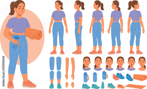 Sporty girl wearing fitness clothes holding protein shaker. Character constructor for animation. Front, side and back view set. Body parts, postures, poses collection. Vector illustrations.eps
