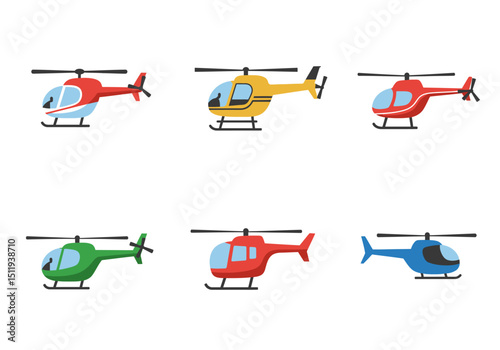 Collection of Six Colorful Cartoon Helicopters with Varied Designs