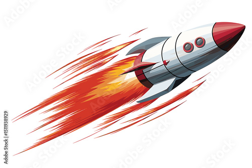 Rocket Launching with Fiery Trail Against White Background