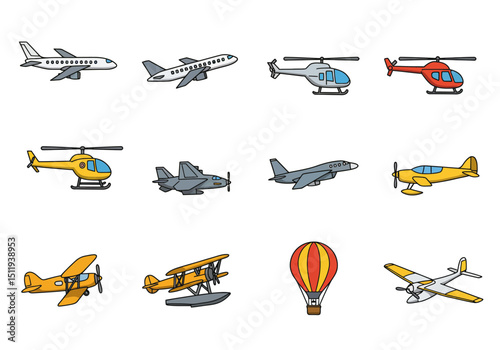Cartoon Collection of Airplanes Helicopters and a Hot Air Balloon