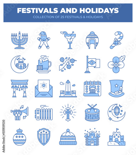Collection of 25 Festivals and Holidays. Line Icons Set
