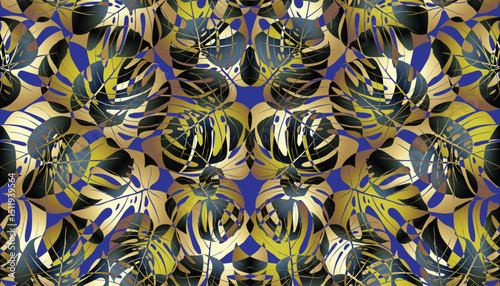 Monstera palm leaves exotic tropical seamless print. Palm leaf, monstera, pink plumeria flower,hibiscus blossom, exotic tropical summer flowers and leaves.