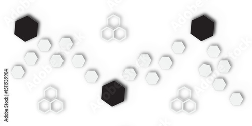 An abstract, undulating arrangement of light gray and white hexagons, some solid and some outlined, with scattered solid black hexagons, all casting subtle shadows on a white background, 