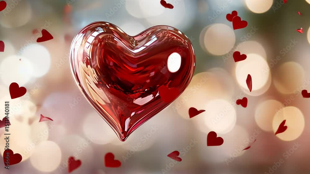 Floating red glass heart with bokeh lights and falling petals in romantic scene.