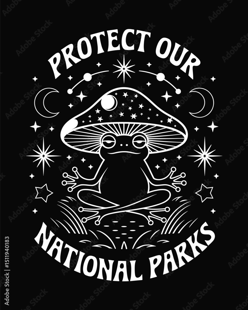 Obraz premium Meditative Frog Under Mushroom with Celestial Forest Motif