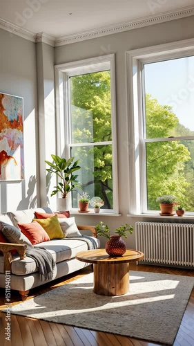 Cozy living room with modern sofa and plants in bright daylight  