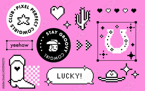 Y2k inspired cute cowboy and cowgirl icon in pixel art design on pink background. Cowboy hat, boots, lucky horseshoe icon, cactus and speech bubble. 8bit modern western glam vector collage sticker set