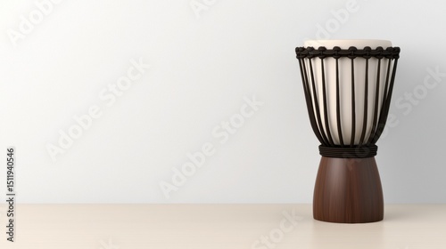 A drum with a white body and black strings stands on a wooden base.