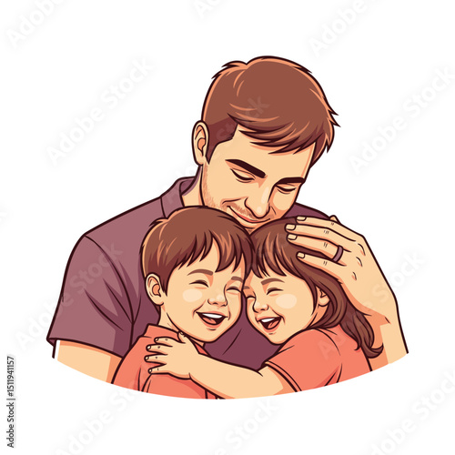 Happy Father and Kids Hugging  Cartoon Illustration Art & Illustration