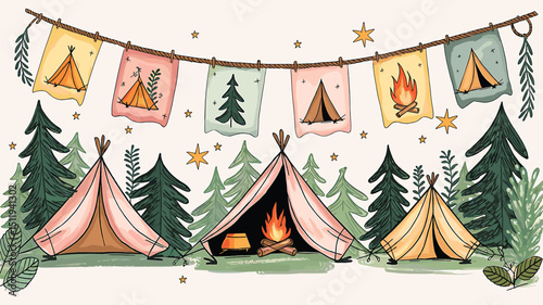 Enchanting Forest Campground with Colorful Tents and Banners