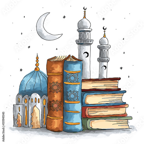Whimsical Cityscape with Books and Minarets at Night