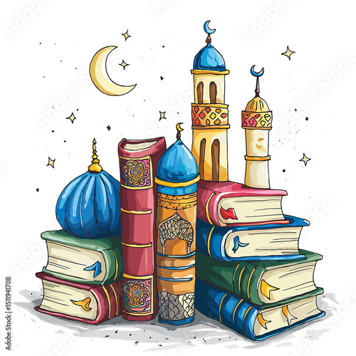 Whimsical Cityscape with Books and Minarets at Night