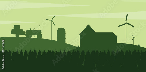 Silhouette of farm with wheat, tractor, barn and windmills. Harvesting. Agriculture. Farm.