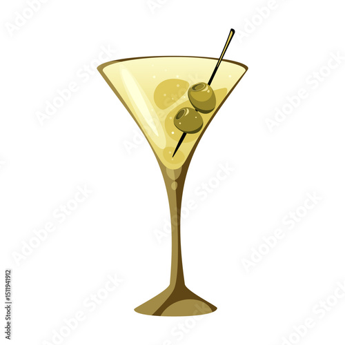 Classic martini cocktail with green olives. Vector illustration isolated on white background.